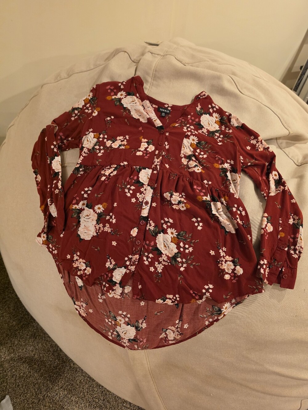 Torrid Burgundy Floral Emma Babydoll Button-Front High-Low Tunic Blouse